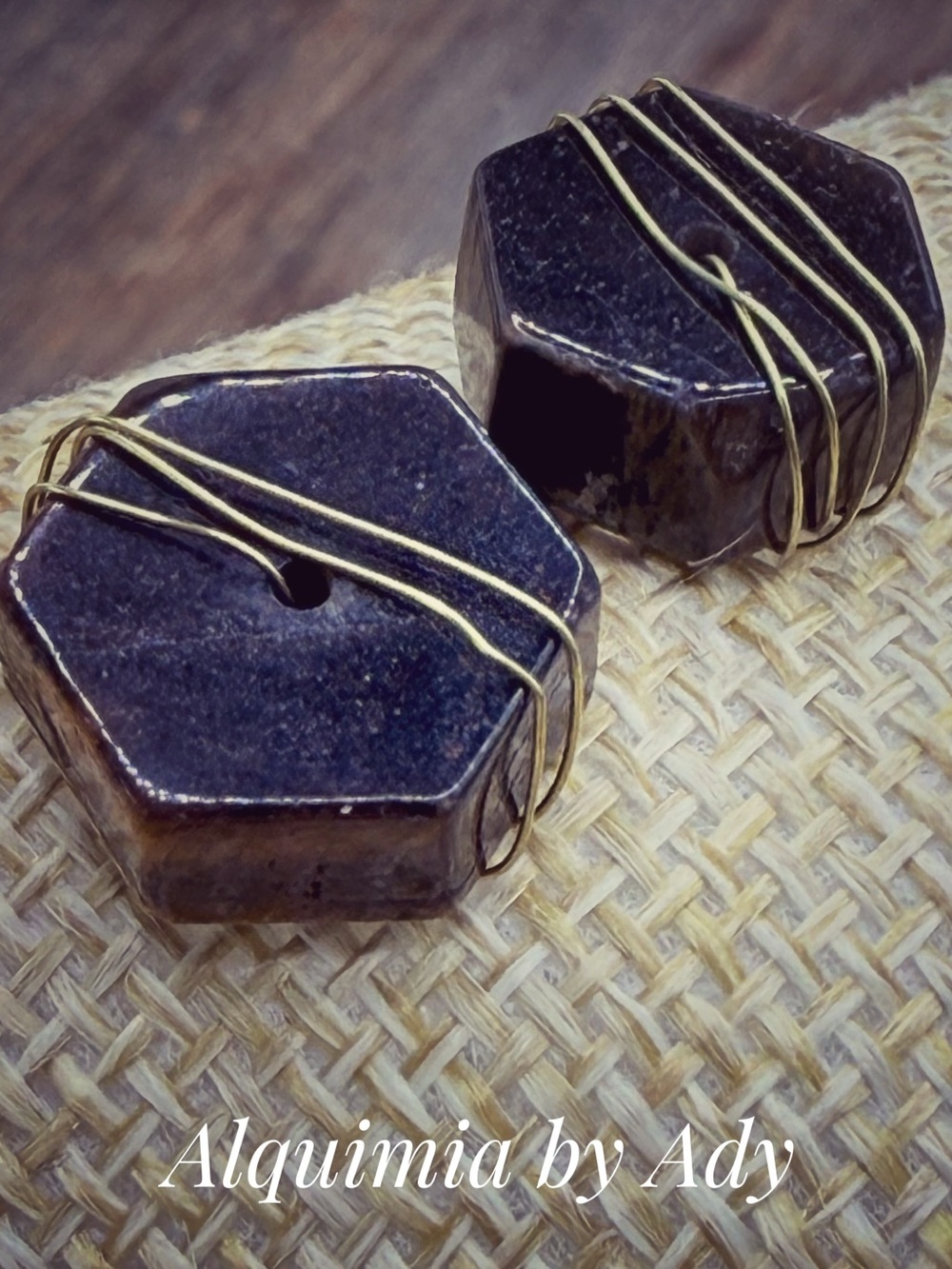 TIGER EYE Hexagonal Ceramic Beads in Dark Brown with Brass Wire